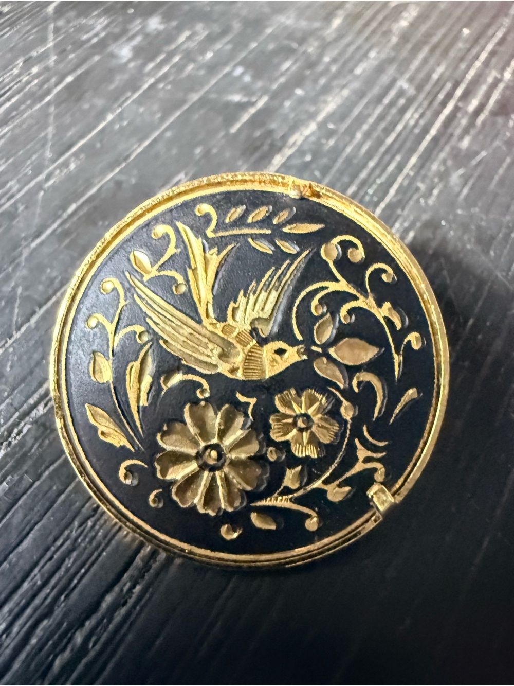 Vintage Spanish Toledo Damascene Style Round Bird & Floral Brooch Pin